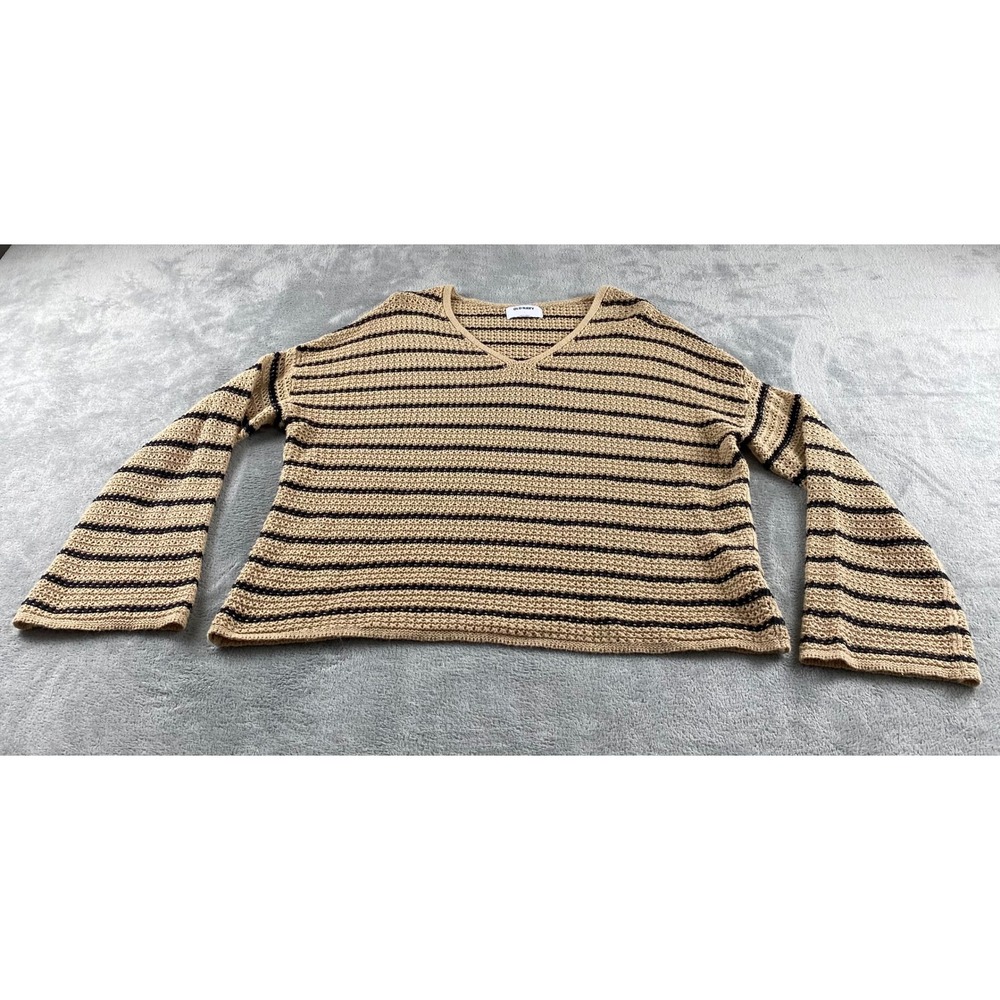 Old Navy Womens Large Tan Black Striped V-Neck Crochet Knit Bell Sleeve Sweater